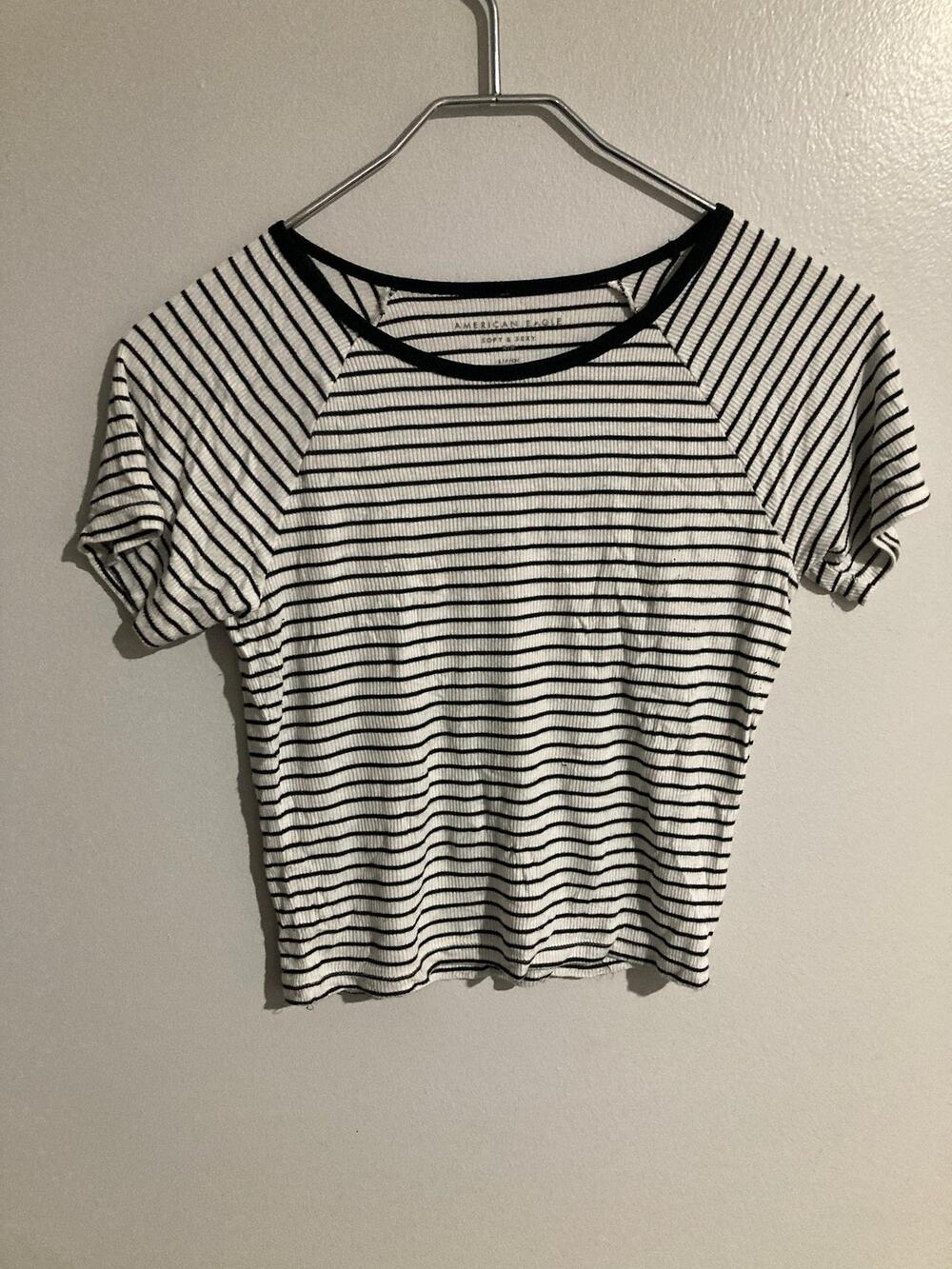 American Eagle Shirt Womens S White Striped Raglan Crew Neck Slim Fit Top